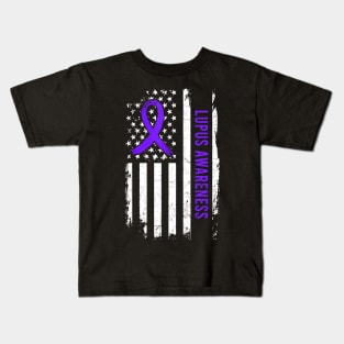 Lupus Awareness American Flag Purple Ribbon Kids T-Shirt